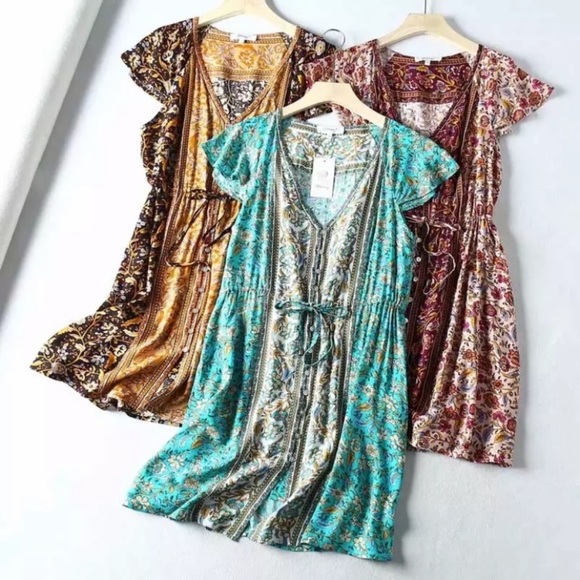 Turquoise Boho Floral Button Front Casual Dress - Picture 5 of 6